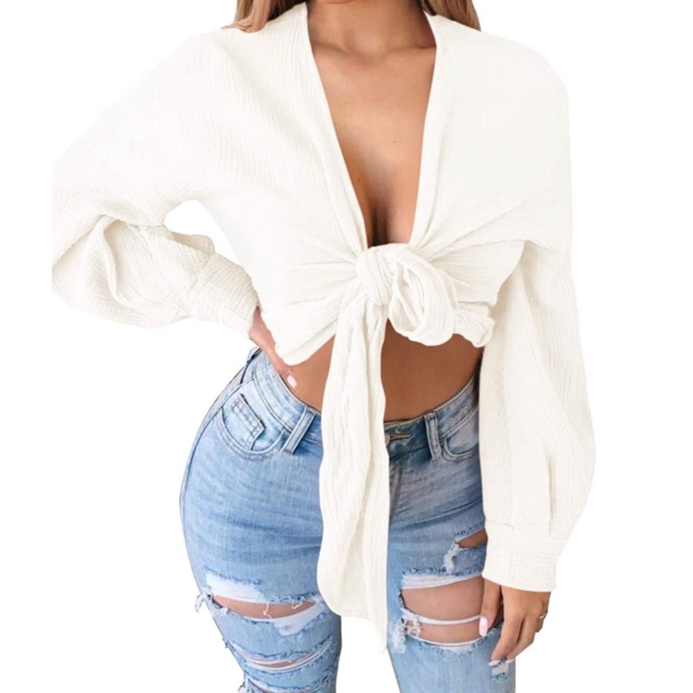 🌻2/$20 Goddess Tie in Front Crop Top, White (Size Small)